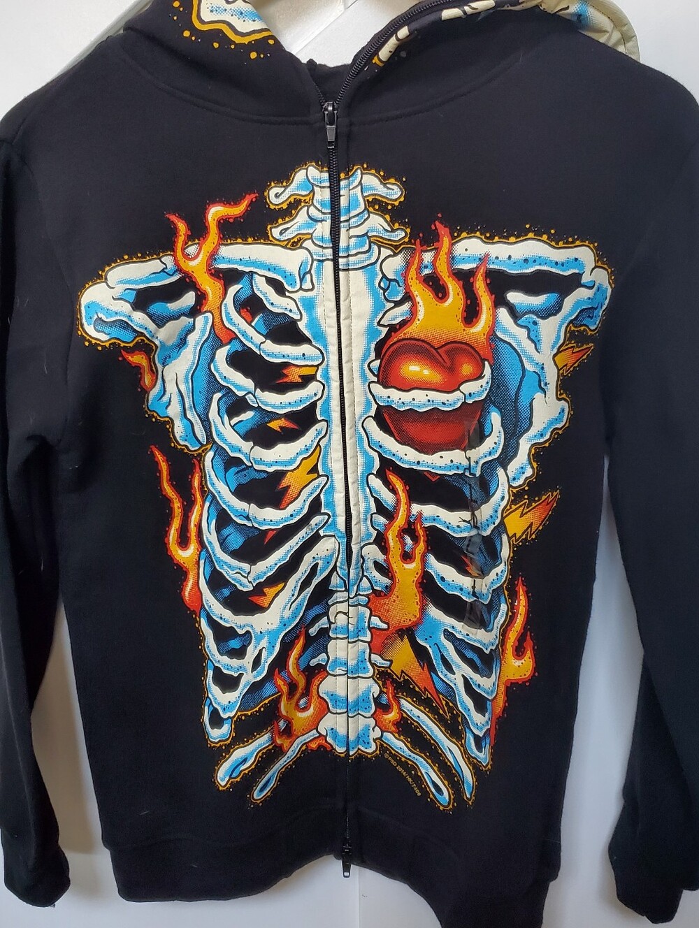 Black Full Zip-Front With Mask Hoodie, Flaming Skeleton Ribcage Graphic